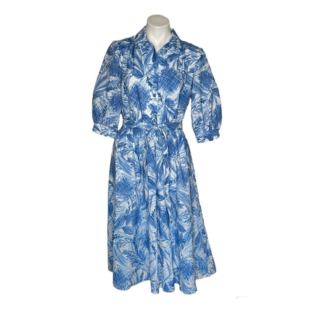 VINTAGE HANDMADE Blue White Dress Button Bodice Elastic Waist Tie Belt Midi